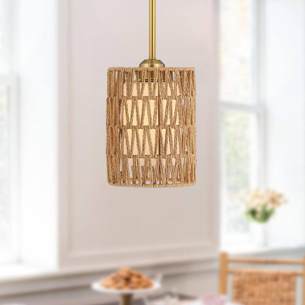 BOHO 6 in. 1-Light Mini Gold Pendant Light with Rope Shade for Boho Costal Bedroom Dining Room and Kitchen Island price history on PriceWatchPro