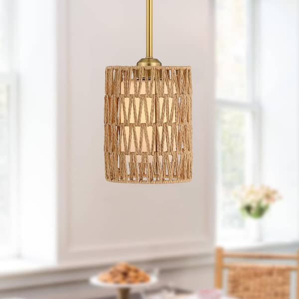 BOHO 6 in. 1-Light Mini Gold Pendant Light with Rope Shade for Boho Costal Bedroom Dining Room and Kitchen Island