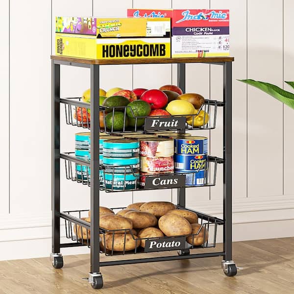 4-Tier Black Pantry Organizer on Wheels, Metal Basket Stand with Pull-Out Baskets & Wood Top for Potato Onion Snack