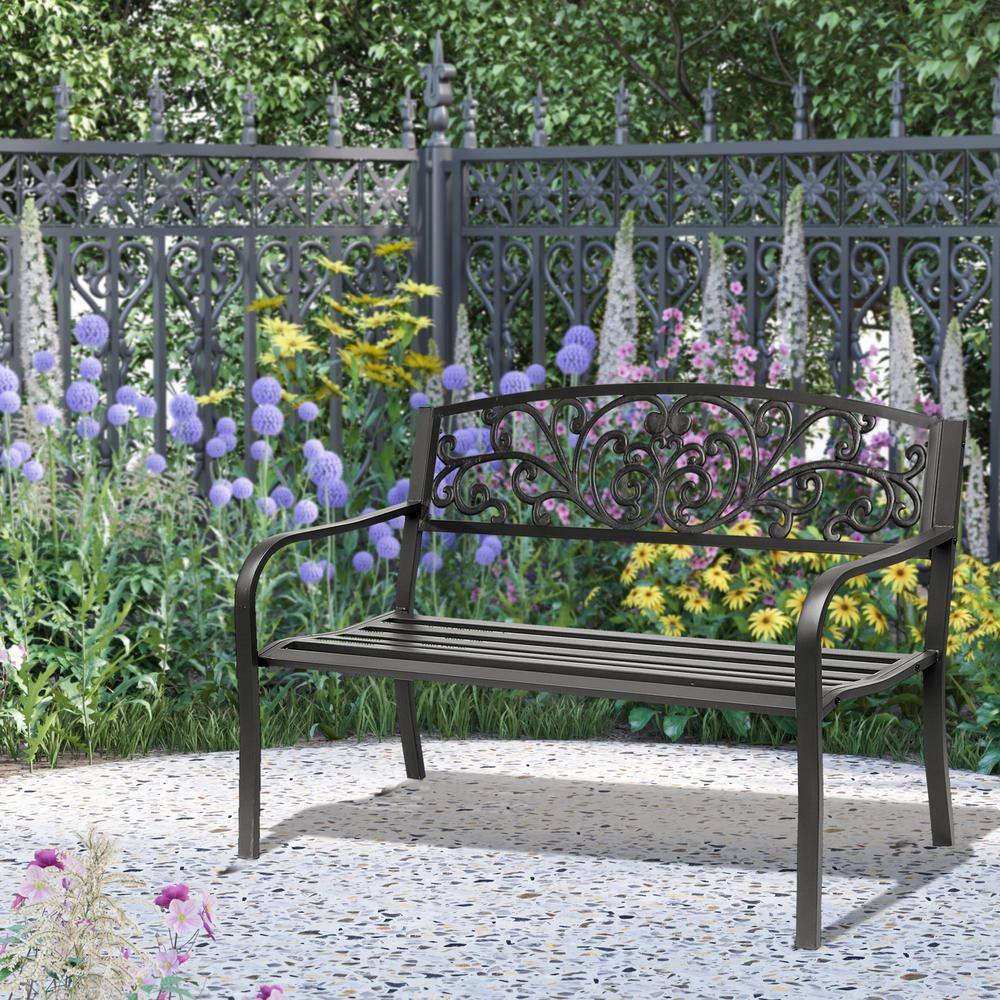 50" Black Iron Floral Pattern Outdoor Bench