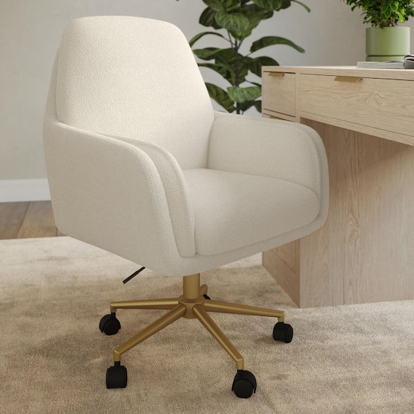 Clara Fabric Swivel Office Chair in Off White/Polished Brass with Arms