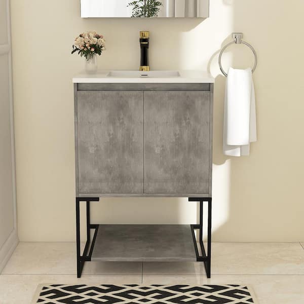 24 In. W X 19 In. D X 34 In. H Single Sink Freestanding Bath Vanity in Light Gray With White Resin Top