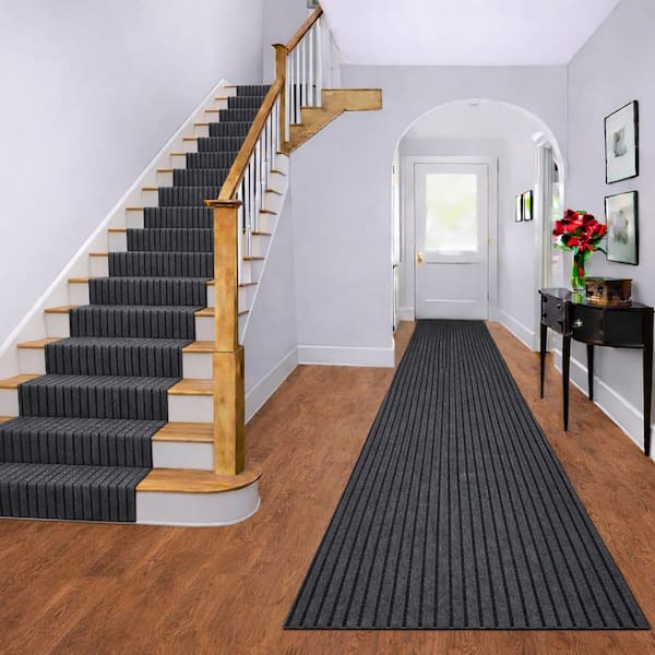 Non-Slip Hallway Runner Rug by The Foot Utility Mat For Home/Office Charcoal Black Wide-Ribbed, 2.6 ft. x 25 ft.