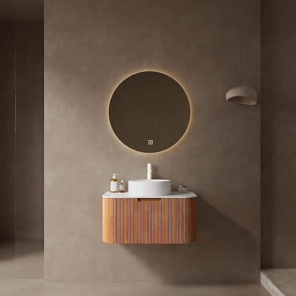 Unbranded 30 in. Wall-Mounted Natural Wood Bath Vanity with White Engineered Marble Top Assembled