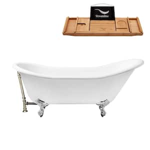 67 in. Cast Iron Clawfoot Non-Whirlpool Bathtub in Glossy White with Brushed Nickel Drain and Polished Chrome Clawfeet