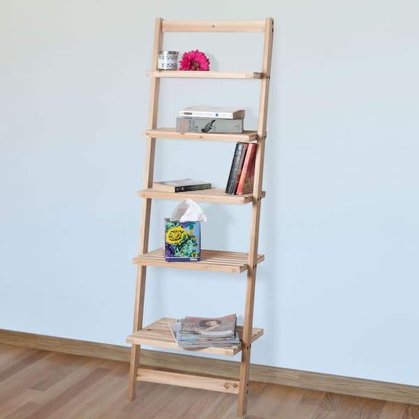 5 Tier Ladder Blonde Wood Storage Shelf, Wooden Decorative Ladder Bookshelf