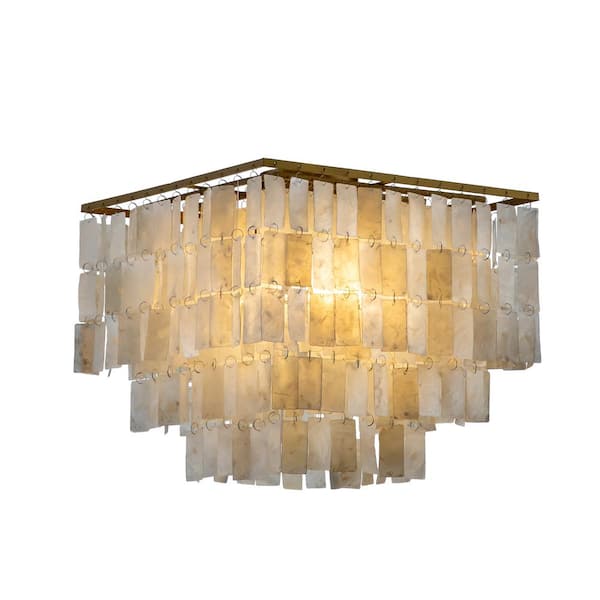 ALOA DECOR 16 in. 3-Light Square Antique Gold Coastal Tiered Flush Mount Ceiling Light With Natural Capiz Shell