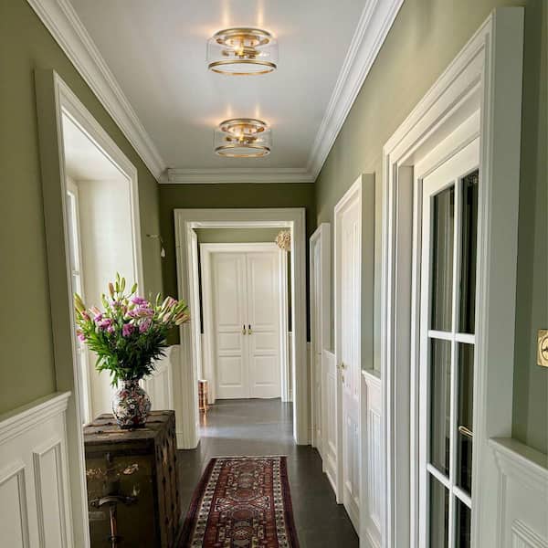 11.8 in. 3-Light Drum Brushed Gold Flush Mount with Glass Shade for Kitchen Foyer Living Room