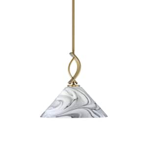 Olympia 1-Light Stem Hung New Age Brass, Mini Pendant-Light with Onyx Swirl Clear Glass Shade, No Bulb Included