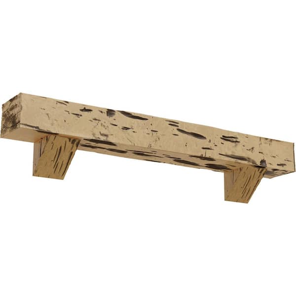 Ekena Millwork 8 in. x 10 in. x 5 ft. Pecky Cypress Faux Wood Fireplace Mantel Kit with Breckinridge Corbels, Natural Pine