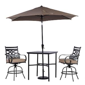 Montclair 3-Piece Steel Outdoor Dining Set with Tan Cushions, 2 Swivel Chairs, 33 in. Table and Umbrella