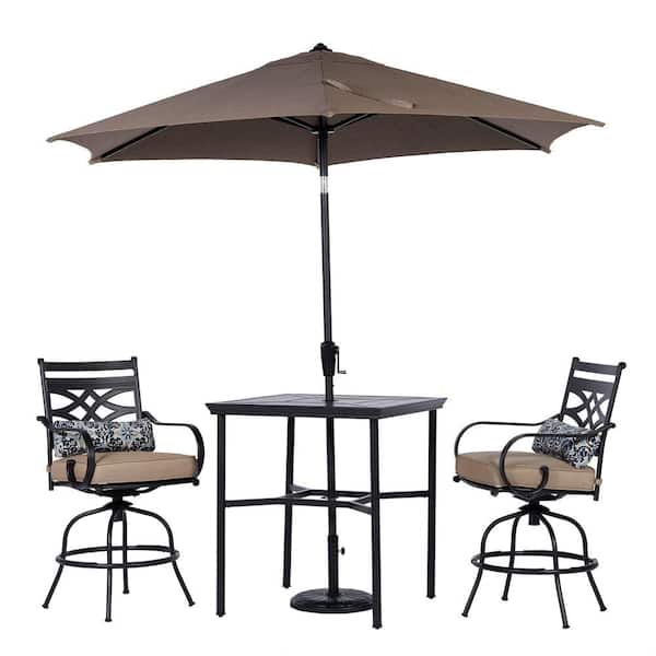 Hanover Montclair 3-Piece Steel Outdoor Dining Set with Tan Cushions, 2 Swivel Chairs, 33 in. Table and Umbrella