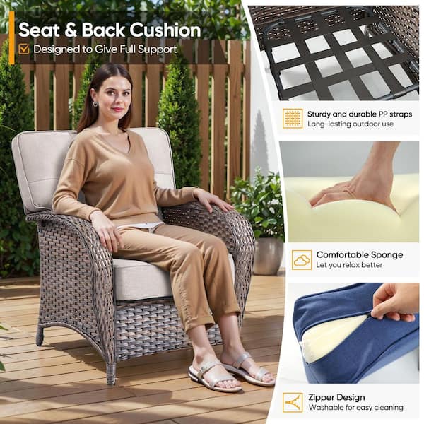 T-Frame Brown Wicker Outdoor Lounge Chairs with Olefin Beige 5 in. Thick Cushions (2-Pack)