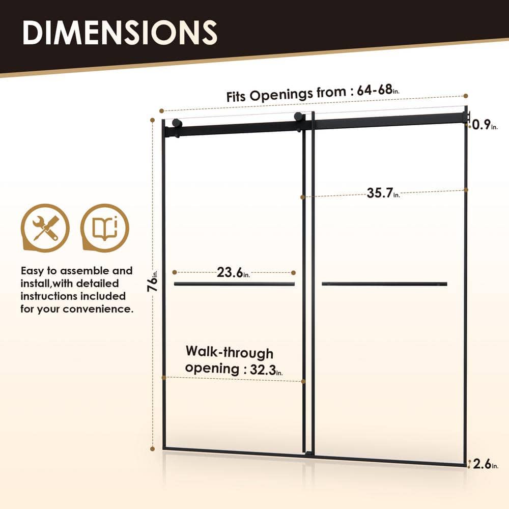 Belizzi 68" Matte Black Frameless Shower Door with Clear Glass