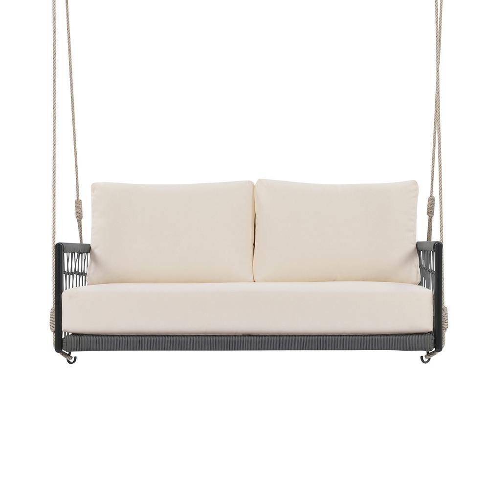 Beige Wicker Porch Swing Woven Rope Outdoor Swing Sofa with Cushions Seatin