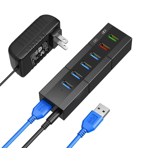 Lukyamzn Powered USB 3.0 Hub 6 Ports High Speed Splitter with 24W Power Adapter 3.3 ft. Cable Smart Charger Black