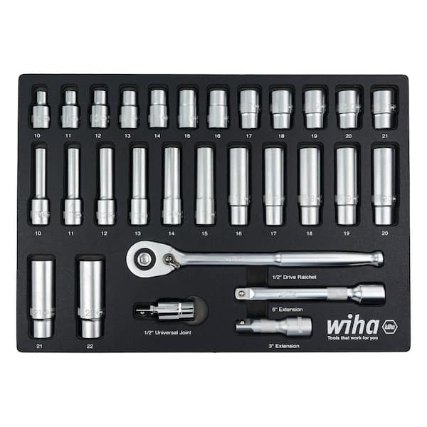 Wiha 1/2 in. Deep Socket Tray Set - Metric (29-Piece) Drive Professional Standard and