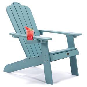Blue Folding Plastic Adirondack Chair Furniture Painted Seating with Cup Holder All-Weather and Fade-Resistant