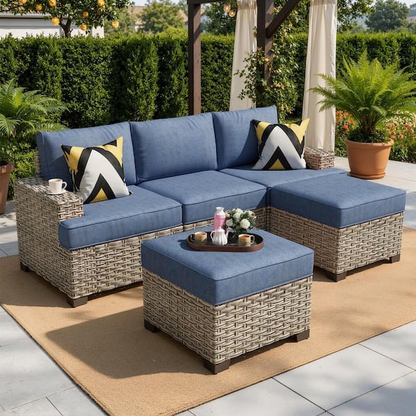 Tiberte Gray 5-Piece Wicker Patio Conversation Seating Set with Denim Blue Cushions