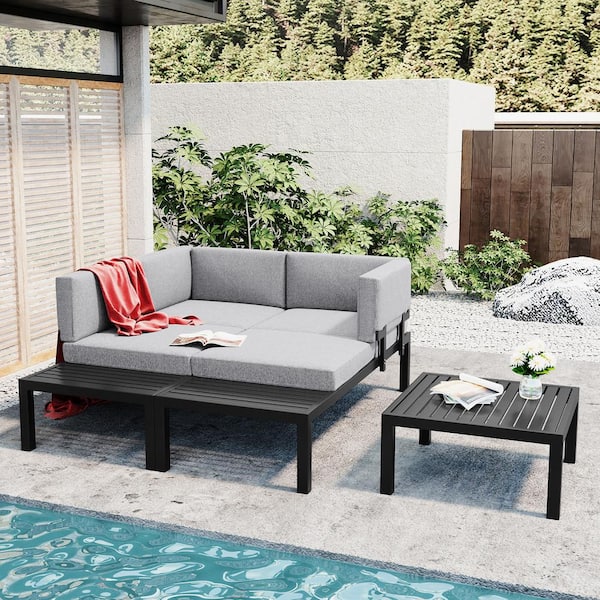 Unbranded Black 3-Piece Aluminum Alloy Outdoor Sectional Set with Gray Cushions with Coffee Table