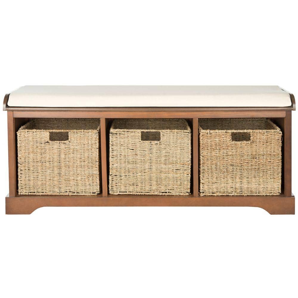 Transitional Pine and Wicker Storage Bench in Brown/White
