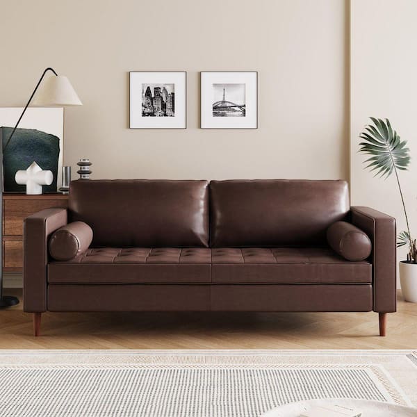 82.3 in. Square Arm Faux Leather Rectangle Sofa with Solid Wood Legs and 2 Bolster Pillows in Dark Brown