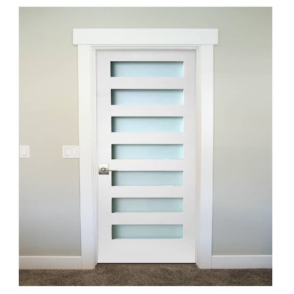 32 in. x 80 in. 7-Lite Satin Etch Primed Left-Handed Solid Core MDF Single Prehung Interior Door
