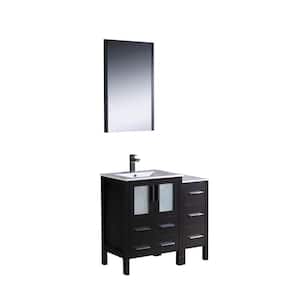 Torino 36 in. Vanity in Espresso with Ceramic Vanity Top in White with Mirror with White Basin and 1 Side Cabinet