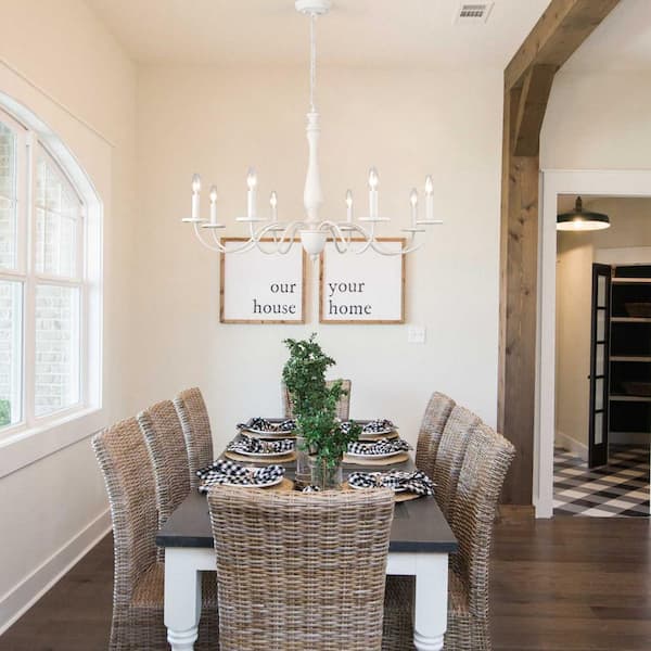 8-Light Vintage White Candle Design Linear Chandelier Lighting for Kitchen Island with No Bulbs Included
