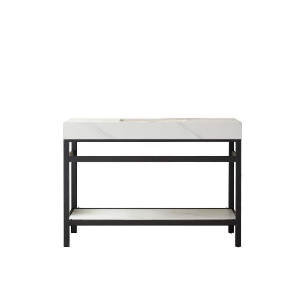 Funes 48 in. W x 22 in. D x 33.9 in. H Single Sink Bath Vanity in Matt Black Metal Stand with White Sintered Stone Top -  ROSWELL, 802548-TB-SMBN