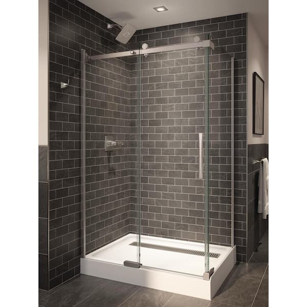 Delta Classic 36 in. W Frameless 1-Piece Direct-to-Stud Corner Shower Glass Panel in Stainless