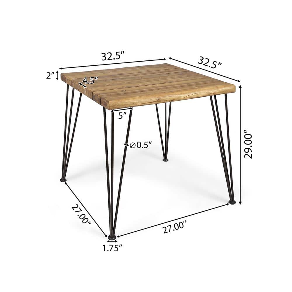 Teak and Iron Square Outdoor Dining Table with Hairpin Legs