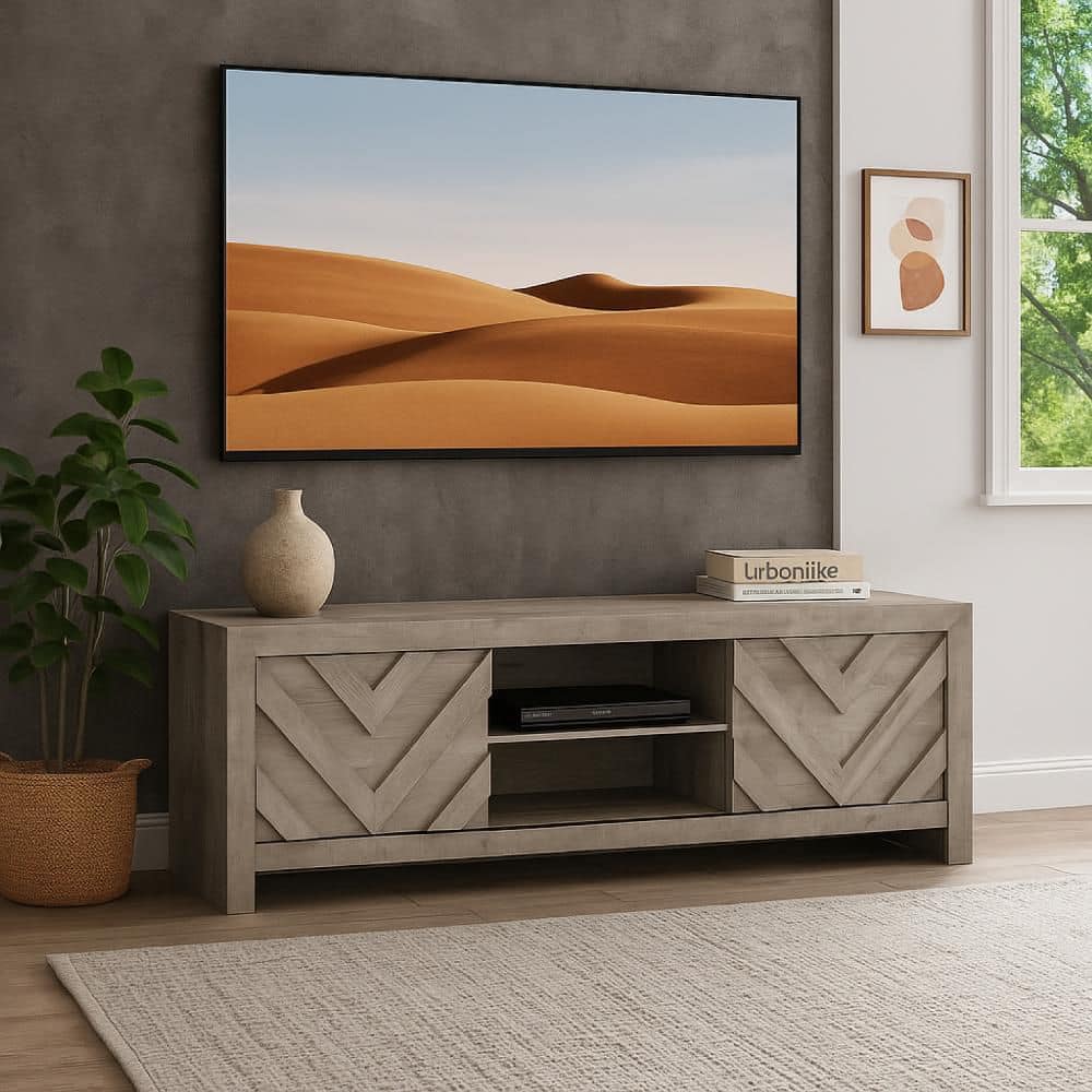 Benjara Velz Beige TV Stand Media Console Fits TV up to 65 in