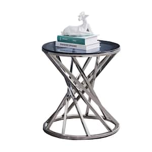 19.5 in. W Modern Spiral Center Round Glass Top Side Table with Black Grey Tempered Glass, Silver Stainless Steel Frame