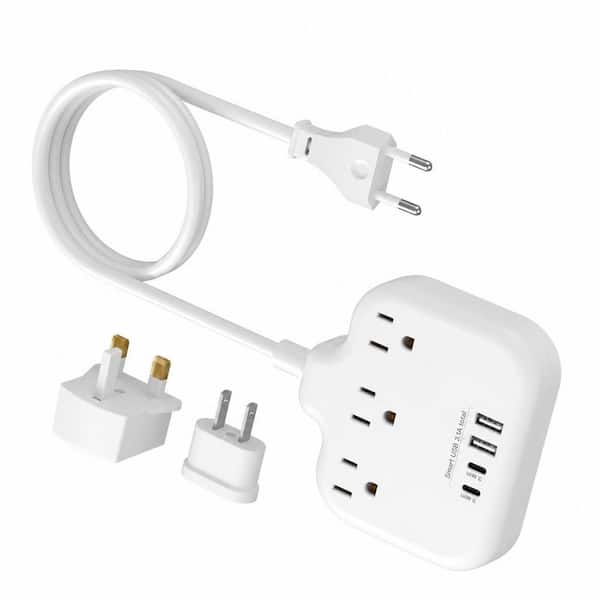 European Travel Plug Adapter with 3 Outlets and 4 USB, Travel Power Strip with 3 ft. European Power Cord for EU/UK/US