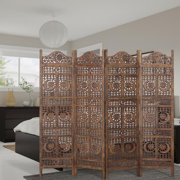 71 in. Brown Sun and Moon Design Foldable 4-Panel Wooden Room Divider