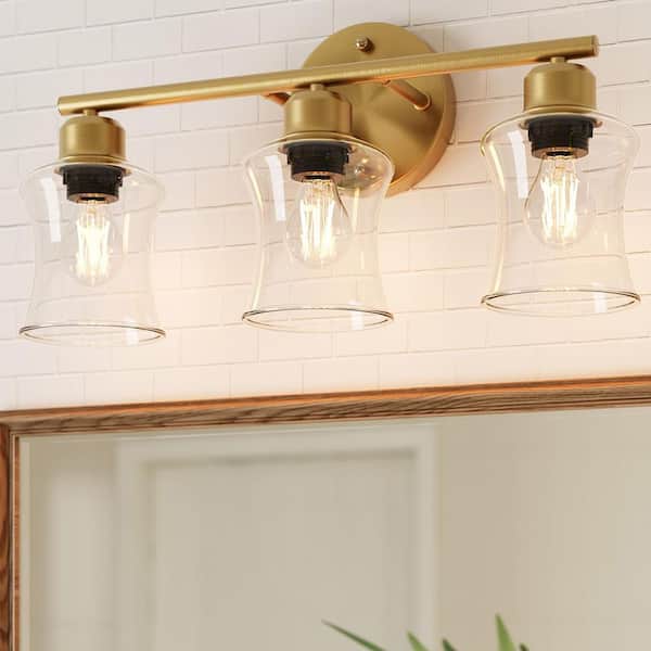 17.6 in. 3-Light Gold Bathroom Vanity Light, Modern Wall Lights with Clear Glass Shades