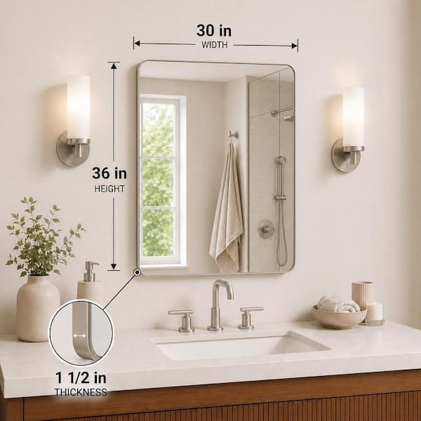 30 in. W x 36 in. H Rectangular Framed Wall Bathroom Vanity Mirror in Brushed Nickel