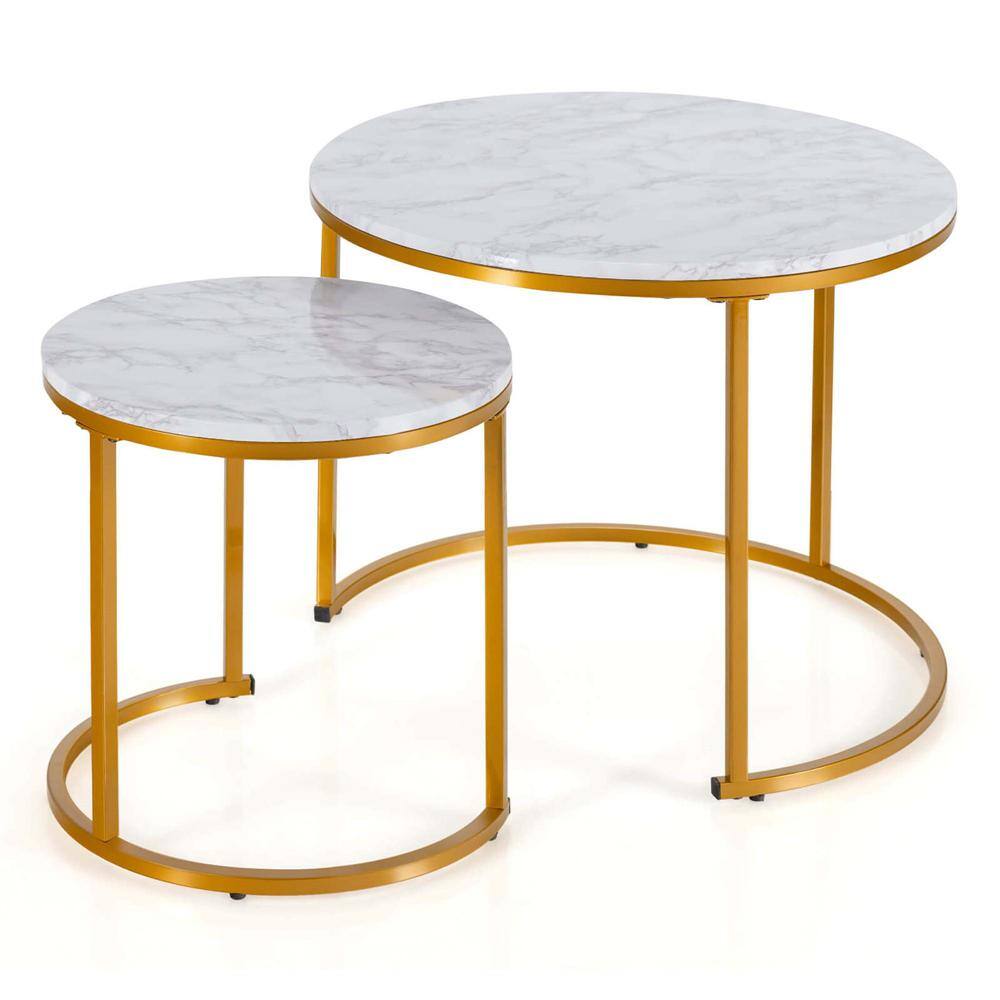 24 in. Length Nesting Wood Top Coffee Table for Balcony Living Room Modern Round Side Tables in White (Set of 2)