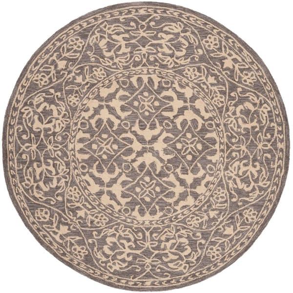 Suzani 5 ft. x 5 ft. Gray/Beige Oriental Border Round Area Rug