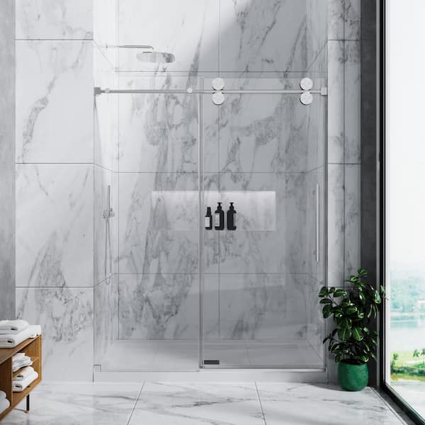 56 in.-60 in. W x 72 in. H Frameless Single Sliding Shower Door-5/16 in. Tempered Glass, Bypass Design w/ Brushed Nickel