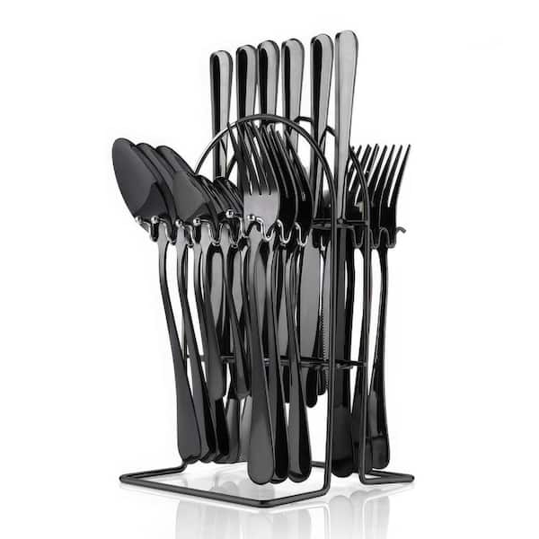 24-Piece Black Stainless Steel Flatware Set with Hanging Rack, Mirror ...