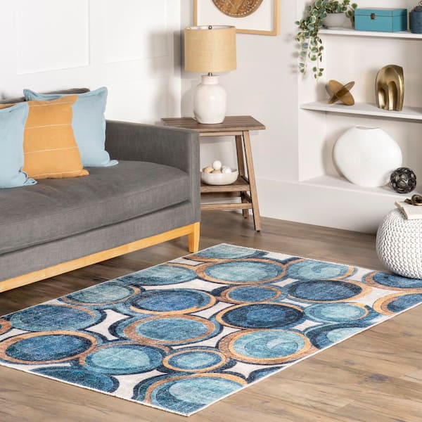 Avie Bubbles Machine Washable Area Rug Blue 3 ft. x 5 ft. Accent Rug