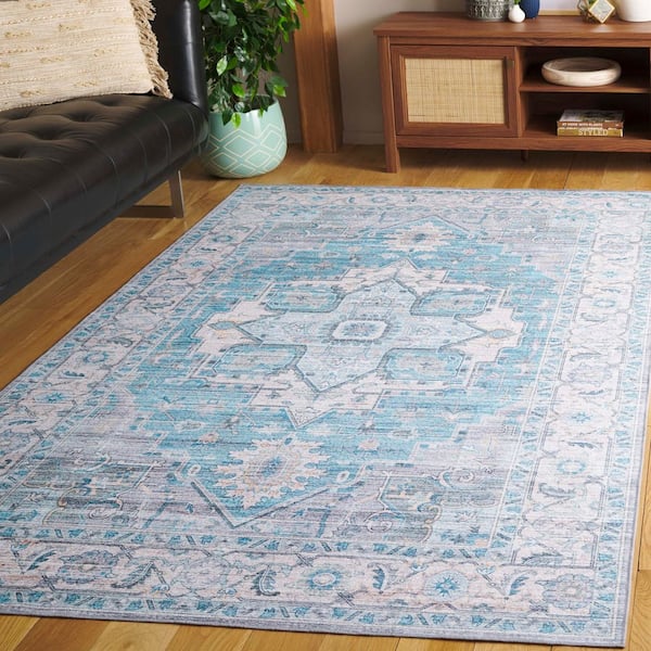 Arizona 4 ft. x 6 ft. Gray/Turquoise Machine Washable Distressed Border Ornate Area Rug