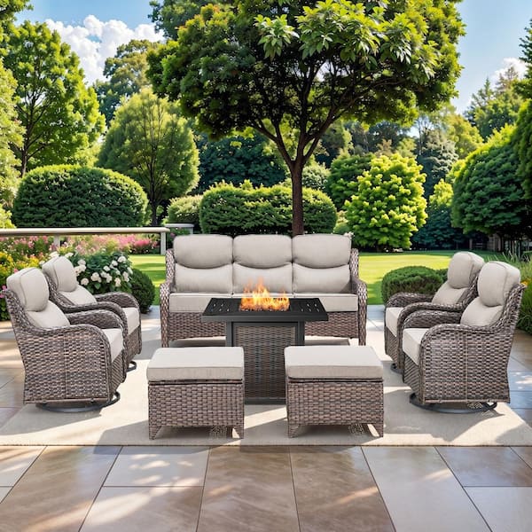 NovaSwivel 8-Piece Brown Wicker Patio Conversation Set Outdoor Fire Pit Set. Swivel Rocking Chairs with Beige Cushions
