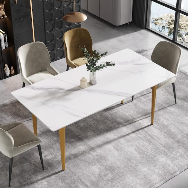J&E Home 70.87 in. Rectangle White Sintered Stone Tabletop Dining Table with Carbon Steel Base (Seats-8)