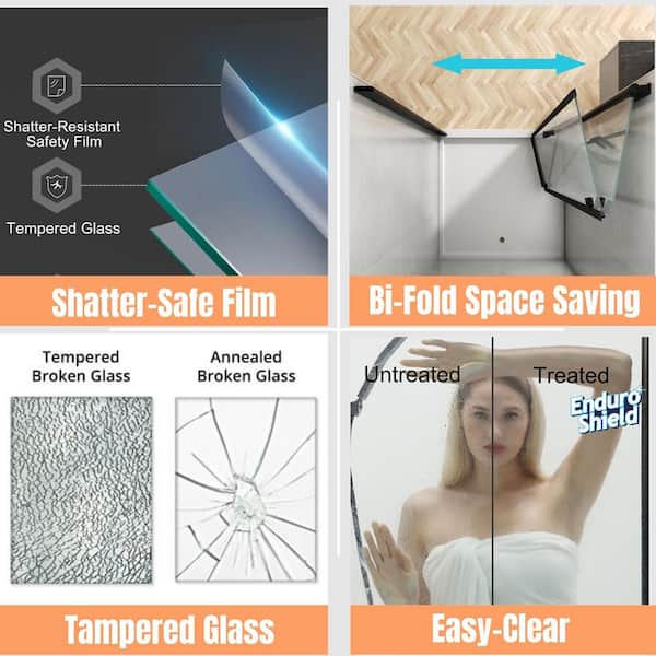 34 to 35-1/2 in. W x 72 in. H Bi-Fold Frameless Shower Doors in Black with Clear Glass