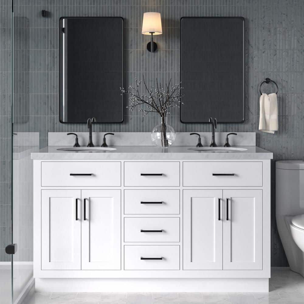Hepburn 60 in. Double Sink Freestanding Bathroom Vanity in White with Carrara White Marble Top price history on PriceWatchPro