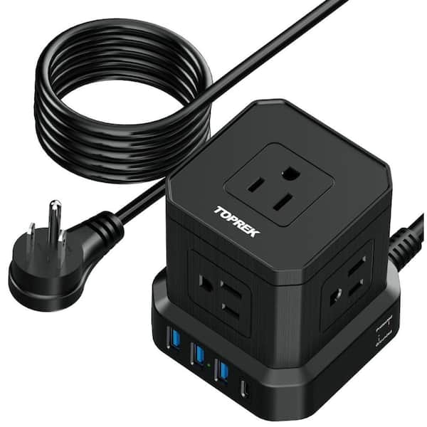 Etokfoks 5-Outlet Power Strip Surge Protection with 4 USB Ports in Black