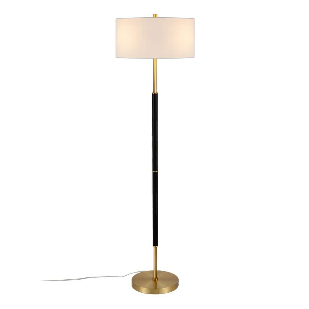 Matte Black and Brass Floor Lamp with White Drum Shade